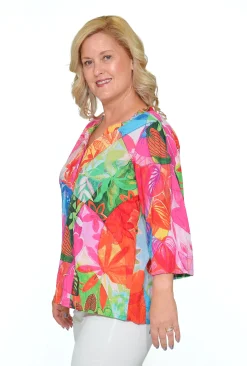 Orientique Adrianna Organic Cotton Button Blouse in Bright Pink- Cotton Tops | 3/4 Sleeve Tops