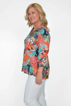 Orientique Adrianna Organic Cotton Button Blouse in Blue Multi- Cotton Tops