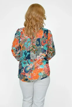 Orientique Adrianna Organic Cotton Button Blouse in Blue Multi- Cotton Tops