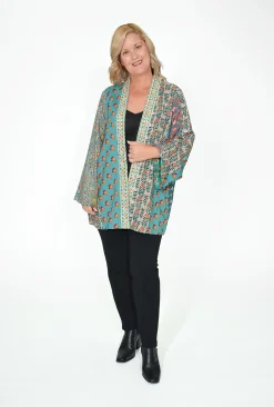 Escape Aiko Reversible Short Kimono in Teal Multi- Cardigans & Jumpers | Long Sleeved Tops