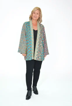 Escape Aiko Reversible Short Kimono in Teal Multi- Cardigans & Jumpers | Long Sleeved Tops