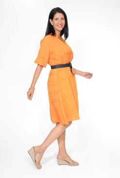 Orientique Alexia Organic Cotton Puff Sleeve Dress in Orange- Cotton Dresses | Knee Length Dresses
