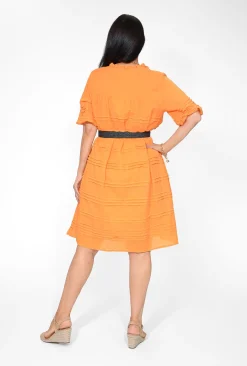 Orientique Alexia Organic Cotton Puff Sleeve Dress in Orange- Cotton Dresses | Knee Length Dresses
