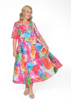 Orientique Allie Organic Cotton Collared Midi Dress in Bright Pink- Organic Cotton Clothing | Cotton Dresses