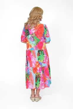 Orientique Allie Organic Cotton Collared Midi Dress in Bright Pink- Organic Cotton Clothing | Cotton Dresses