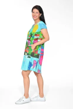 Orientique Anya Crinkle Cotton Tunic Dress in Blue Boats- Short Sleeved Dresses | Above Knee Dresses