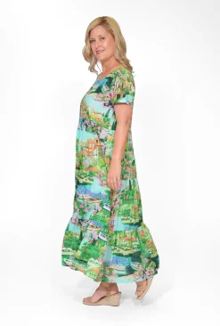 Orientique Ariana Cotton Square Neck Midi Dress in Green Holiday- Short Sleeved Dresses | Organic Cotton Clothing