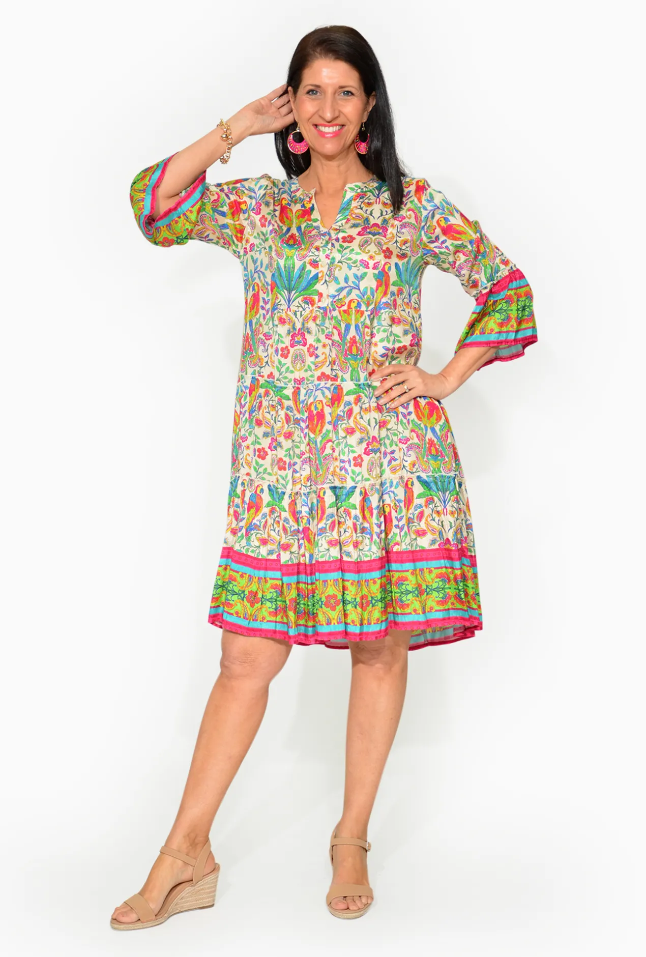 Escape Ava Rayon 3/4 Frill Sleeve Boho Dress in- Knee Length Dresses | Sleeved Dress