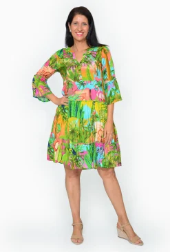 Escape Ava Rayon 3/4 Frill Sleeve Boho Dress in- Long Sleeved Dresses | Above Knee Dresses