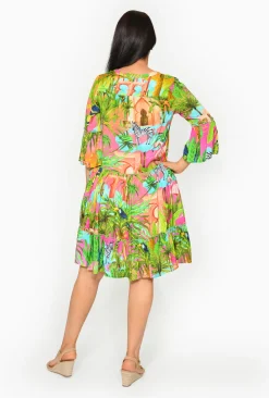 Escape Ava Rayon 3/4 Frill Sleeve Boho Dress in- Long Sleeved Dresses | Above Knee Dresses