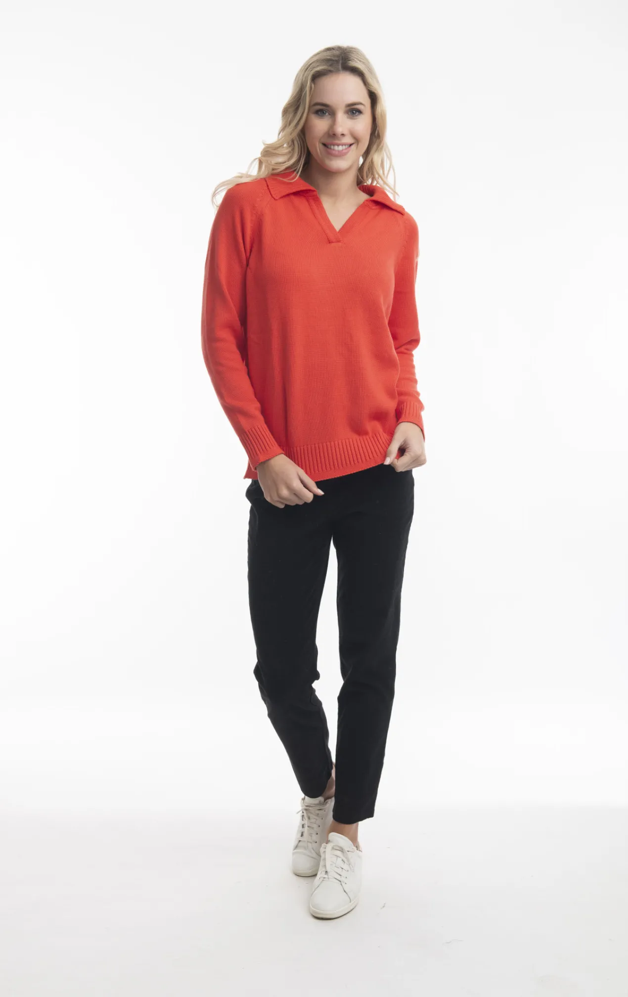 Orientique Becky Collar Knit Jumper in Flame Red- Cardigans & Jumpers | Knitwear Tops