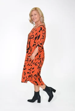 Willow Tree Belinda Adjustable Sleeve Midi Dress in Rust- Long Sleeved Dresses | Midi Dresses