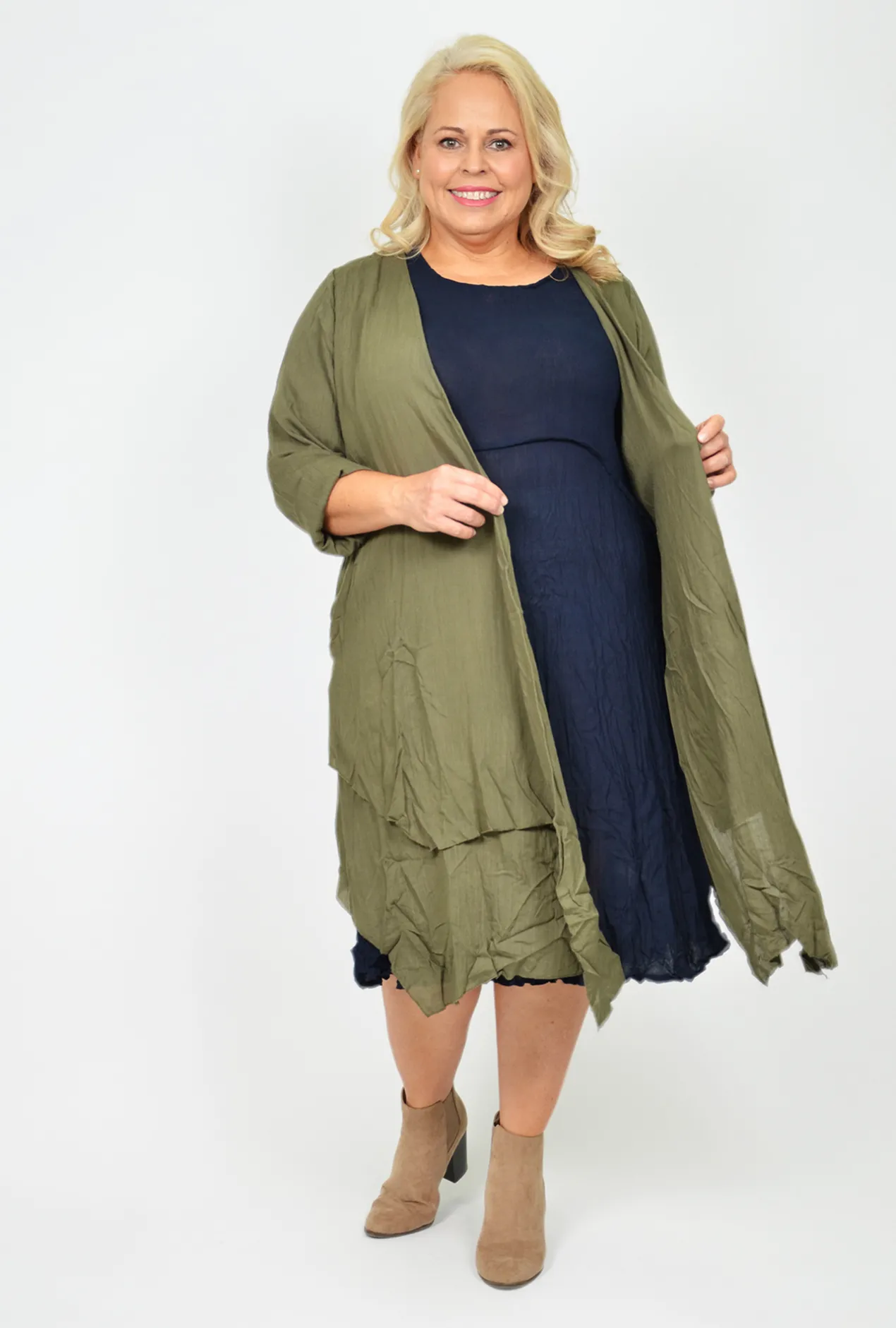 Willow Tree Bethany Layered Long Sleeve Cardigan in Khaki- Cardigans & Jumpers | Long Sleeved Tops