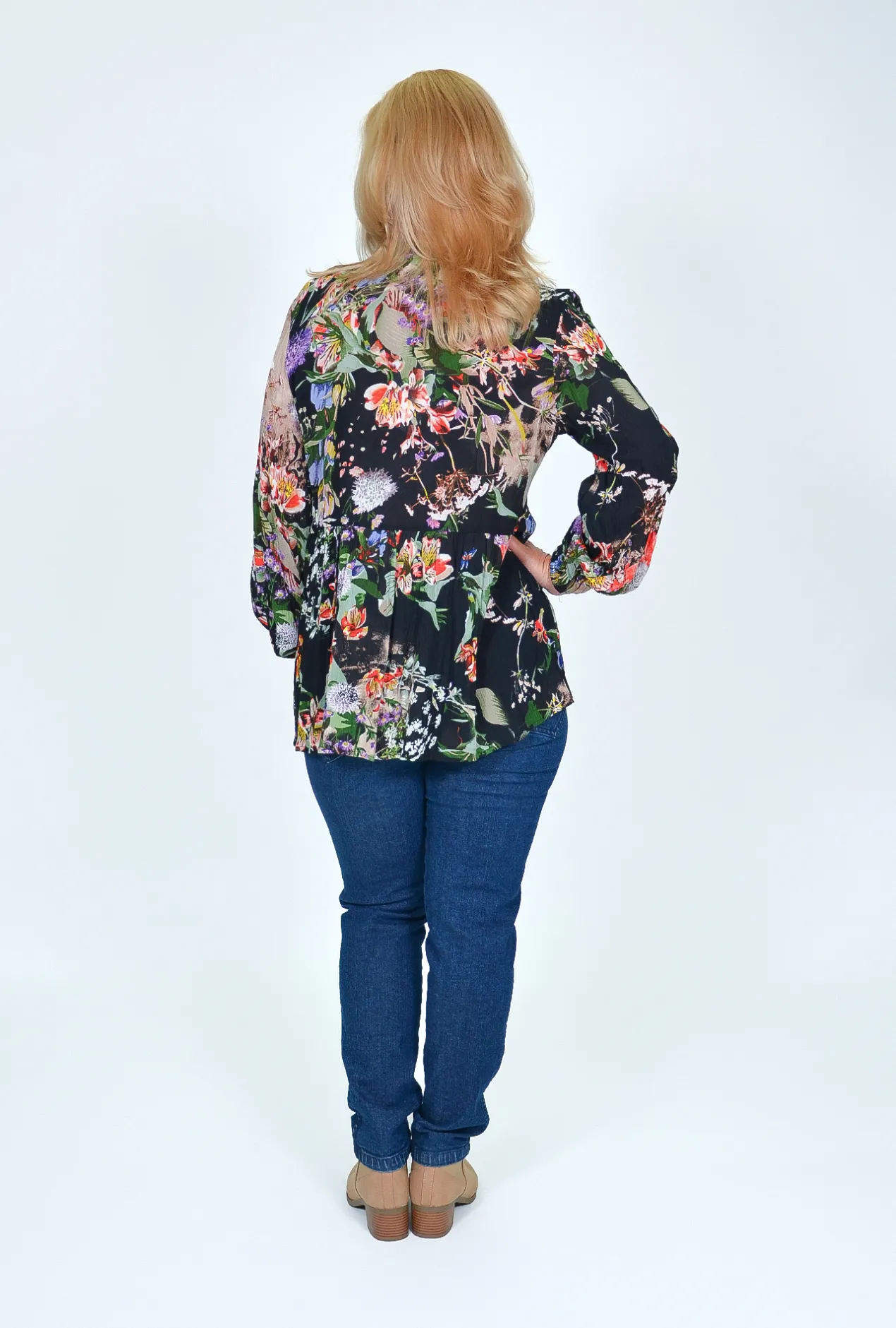 Orientique Brie Long Sleeve V-Neck Blouse in Floral Black- Long Sleeved Tops