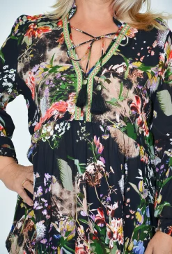 Orientique Brie Long Sleeve V-Neck Blouse in Floral Black- Long Sleeved Tops