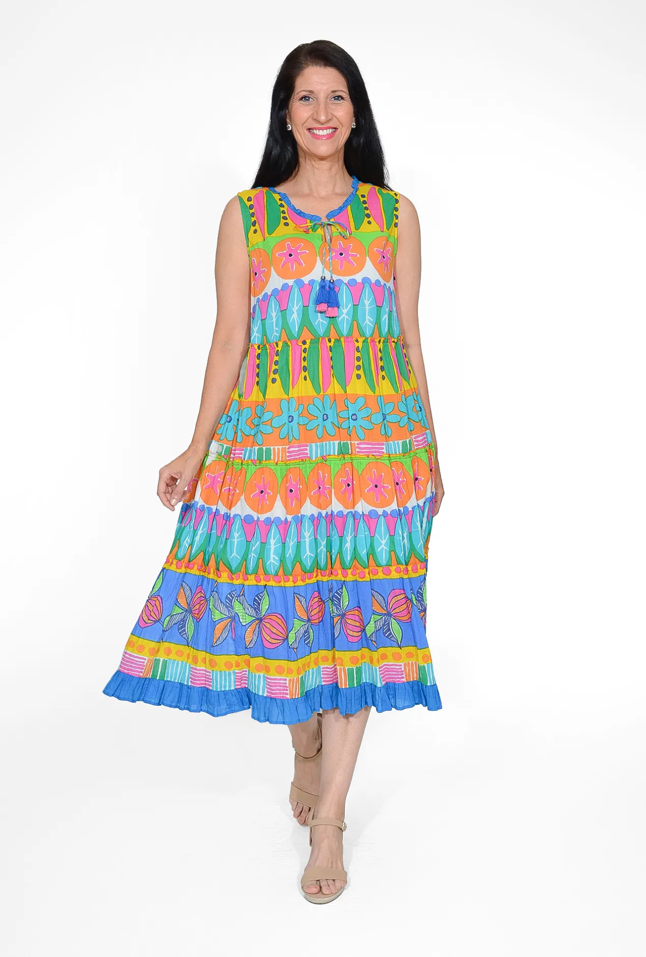 Orientique Brodie Organic Cotton Sleeveless Dress in Multicolour- Cotton Dresses | Sleeveless Dresses