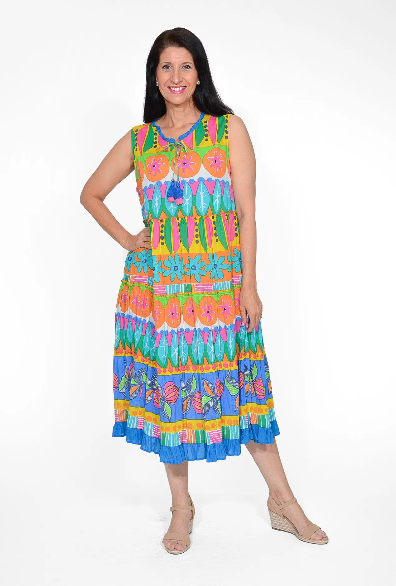 Orientique Brodie Organic Cotton Sleeveless Dress in Multicolour- Cotton Dresses | Sleeveless Dresses