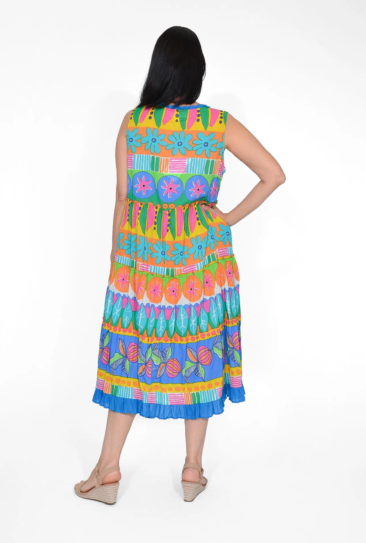 Orientique Brodie Organic Cotton Sleeveless Dress in Multicolour- Cotton Dresses | Sleeveless Dresses