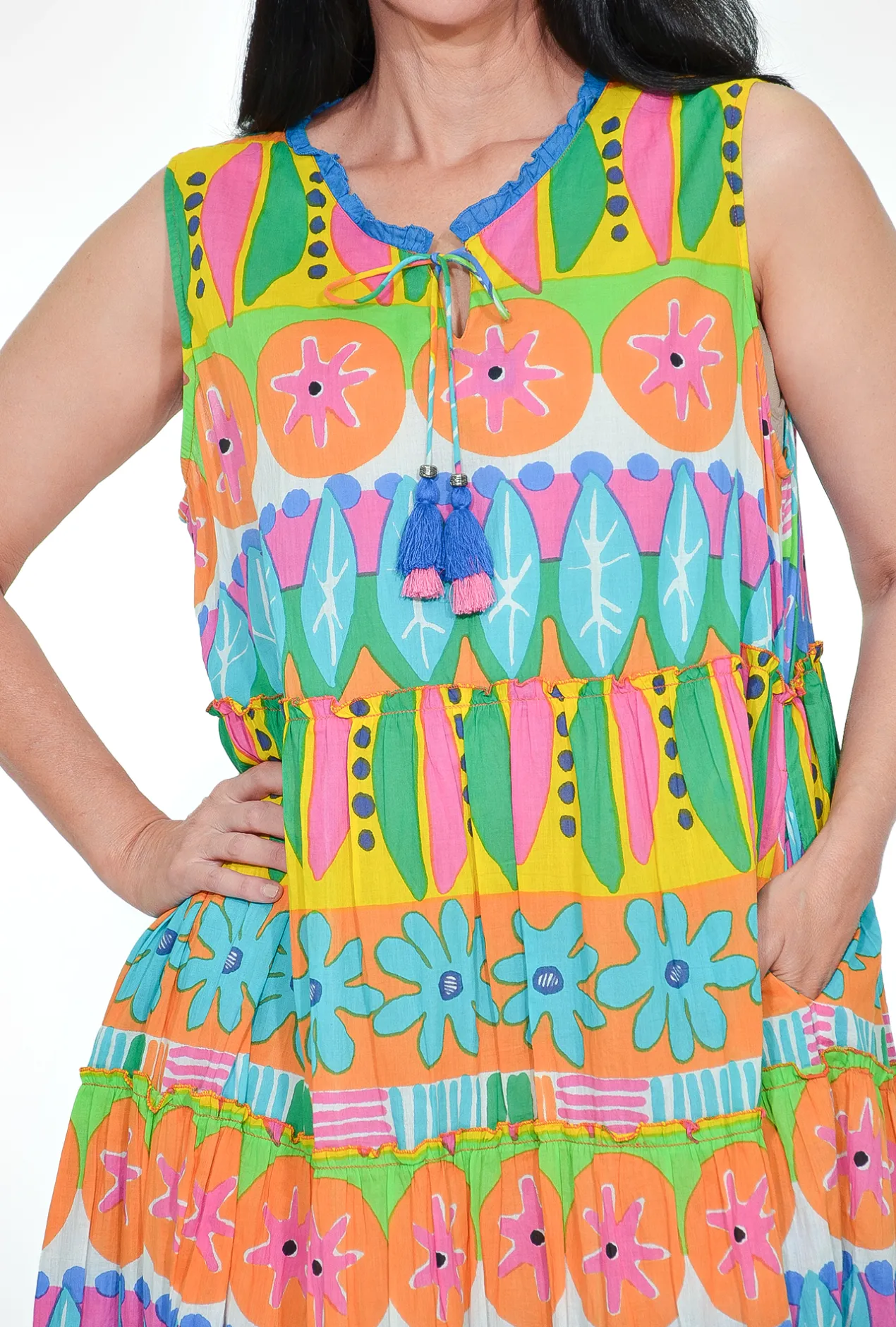 Orientique Brodie Organic Cotton Sleeveless Dress in Multicolour- Cotton Dresses | Sleeveless Dresses