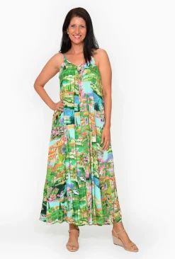 Orientique Buffy Rayon Sleeveless Maxi Dress in Green Holiday- Sleeveless Dresses