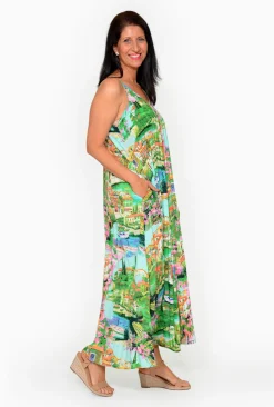 Orientique Buffy Rayon Sleeveless Maxi Dress in Green Holiday- Sleeveless Dresses