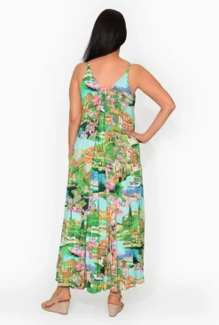 Orientique Buffy Rayon Sleeveless Maxi Dress in Green Holiday- Sleeveless Dresses