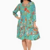 Orientique Cadence Rayon 3/4 Sleeve Dress in Teal Multi- Knee Length Dresses | Sleeved Dress