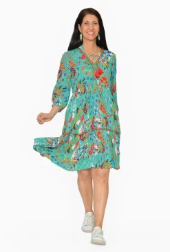 Orientique Cadence Rayon 3/4 Sleeve Dress in Teal Multi- Knee Length Dresses | Sleeved Dress