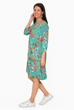 Orientique Cadence Rayon 3/4 Sleeve Dress in Teal Multi- Knee Length Dresses | Sleeved Dress