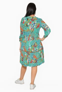 Orientique Cadence Rayon 3/4 Sleeve Dress in Teal Multi- Knee Length Dresses | Sleeved Dress