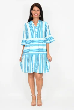One Summer Carlie 3/4 Sleeve Tiered Dress in Cornflower Stripe- Knee Length Dresses