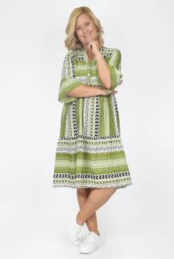 One Summer Carlie 3/4 Sleeve Tiered Dress in Olive Green- Knee Length Dresses | Sleeved Dress