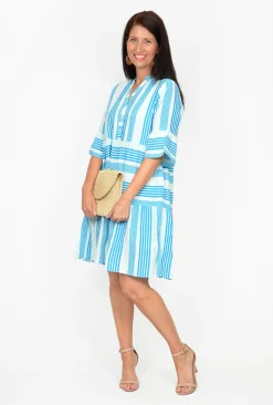 One Summer Carlie 3/4 Sleeve Tiered Dress in Cornflower Stripe- Knee Length Dresses