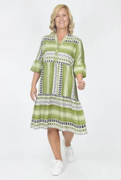 One Summer Carlie 3/4 Sleeve Tiered Dress in Olive Green- Knee Length Dresses | Sleeved Dress