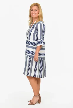One Summer Carlie 3/4 Sleeve Tiered Dress in Navy Stripe- Long Sleeved Dresses | Above Knee Dresses