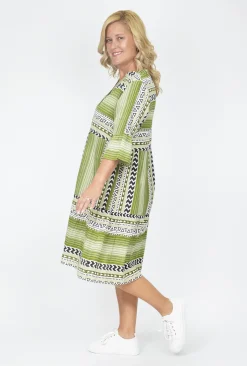 One Summer Carlie 3/4 Sleeve Tiered Dress in Olive Green- Knee Length Dresses | Sleeved Dress