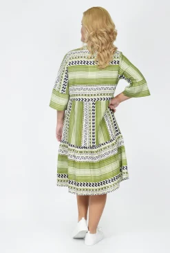 One Summer Carlie 3/4 Sleeve Tiered Dress in Olive Green- Knee Length Dresses | Sleeved Dress