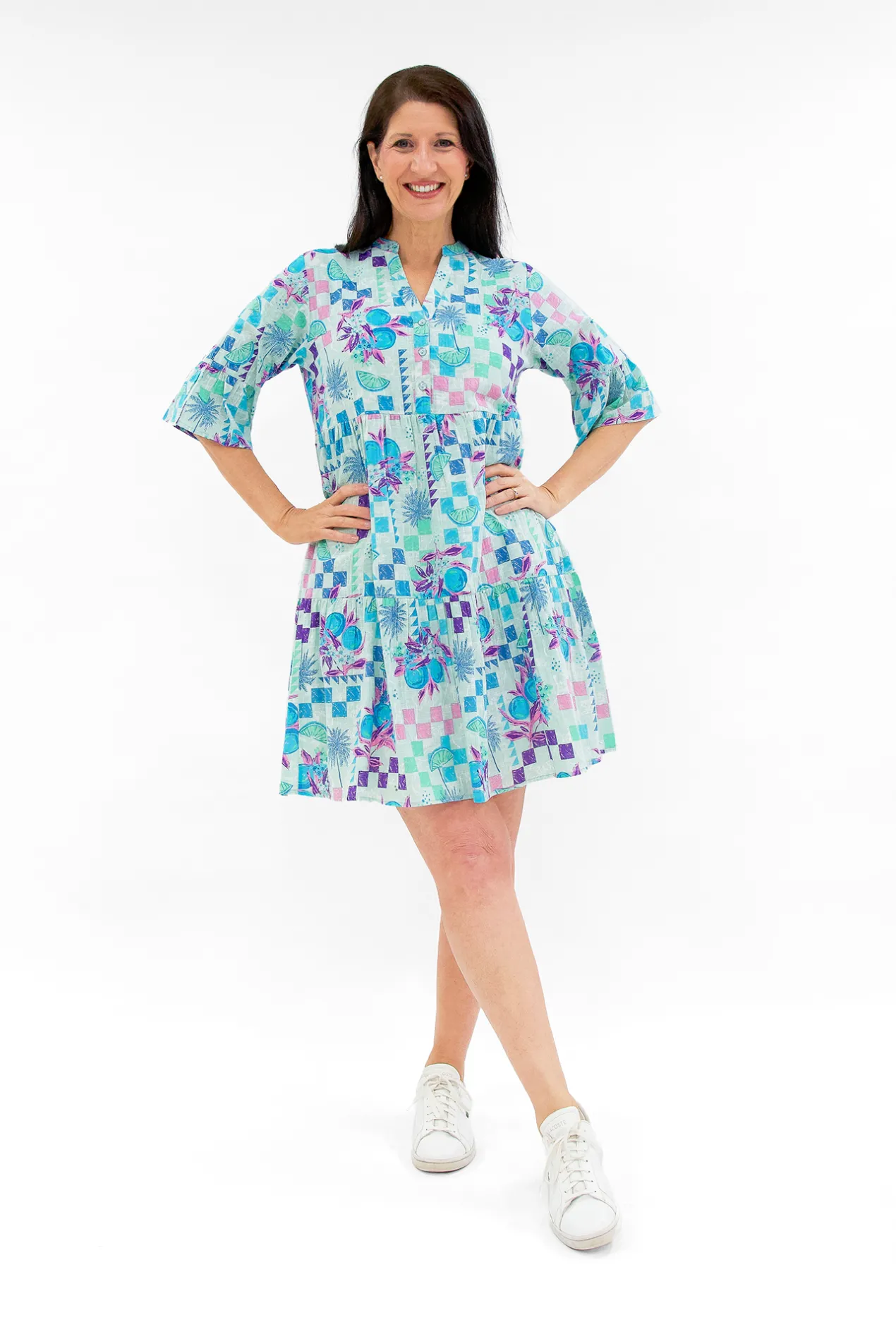 One Summer Carlie Cotton 3/4 Sleeve Tiered Dress in- Cotton Dresses | Above Knee Dresses