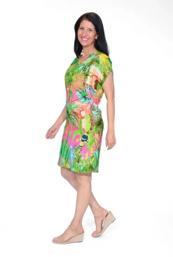 Escape Catalina Rayon Short Sleeve Shift Dress in Green Tropics- Short Sleeved Dresses | Above Knee Dresses