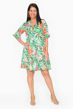 Escape Cecilia Rayon 3/4 Frill Sleeve Dress in Floral Green- Knee Length Dresses | Sleeved Dress