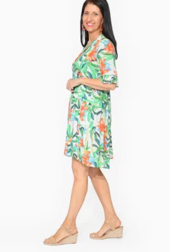 Escape Cecilia Rayon 3/4 Frill Sleeve Dress in Floral Green- Knee Length Dresses | Sleeved Dress