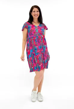 One Summer Chloe Crepe Rayon Swing Dress in Hot Pink Multi- Short Sleeved Dresses | Knee Length Dresses