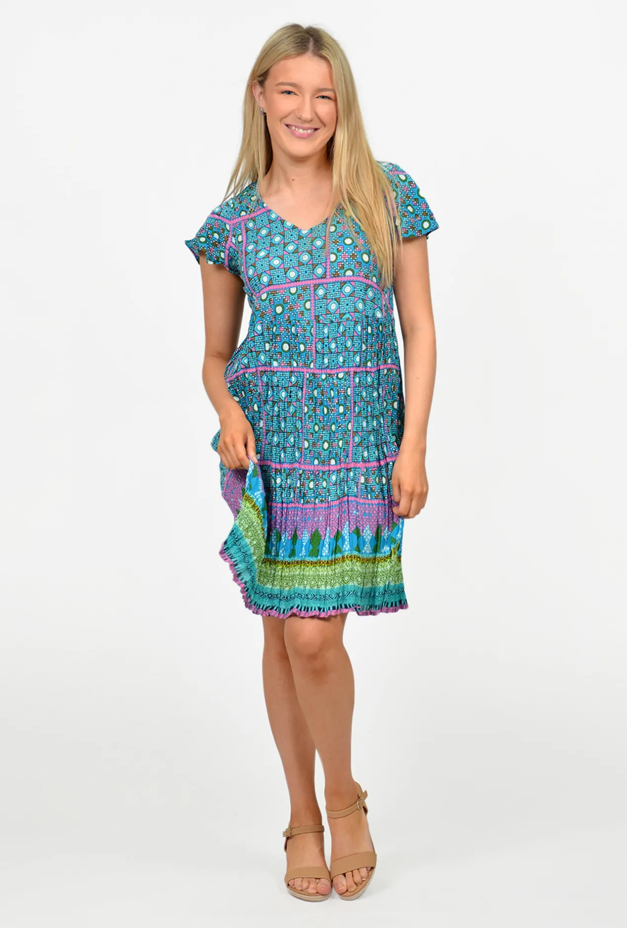 One Summer Chloe Crepe Rayon Swing Dress in- Above Knee Dresses | Short Sleeved Dresses