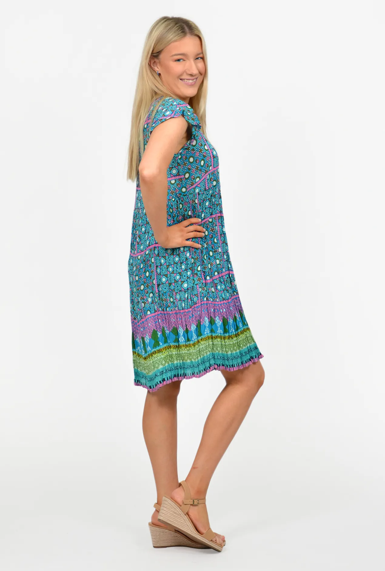 One Summer Chloe Crepe Rayon Swing Dress in- Above Knee Dresses | Short Sleeved Dresses