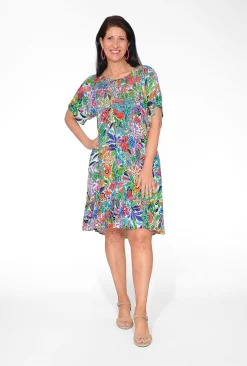 Orientique Clementine Rayon Short Sleeve Bib Dress in Summer Garden- Short Sleeved Dresses | Knee Length Dresses