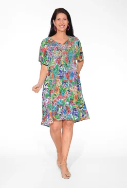 Orientique Clementine Rayon Short Sleeve Bib Dress in Summer Garden- Short Sleeved Dresses | Knee Length Dresses