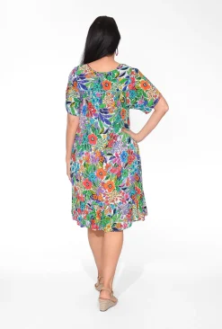 Orientique Clementine Rayon Short Sleeve Bib Dress in Summer Garden- Short Sleeved Dresses | Knee Length Dresses