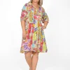 Orientique Coleen Organic Cotton Sleeve Collar Dress in Bright Floral- Cotton Dresses | Knee Length Dresses