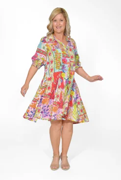 Orientique Coleen Organic Cotton Sleeve Collar Dress in Bright Floral- Cotton Dresses | Knee Length Dresses