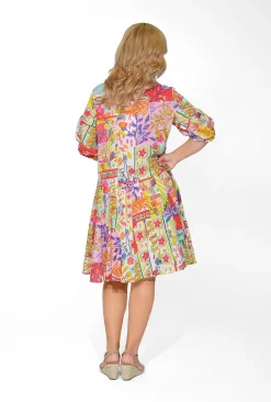 Orientique Coleen Organic Cotton Sleeve Collar Dress in Bright Floral- Cotton Dresses | Knee Length Dresses